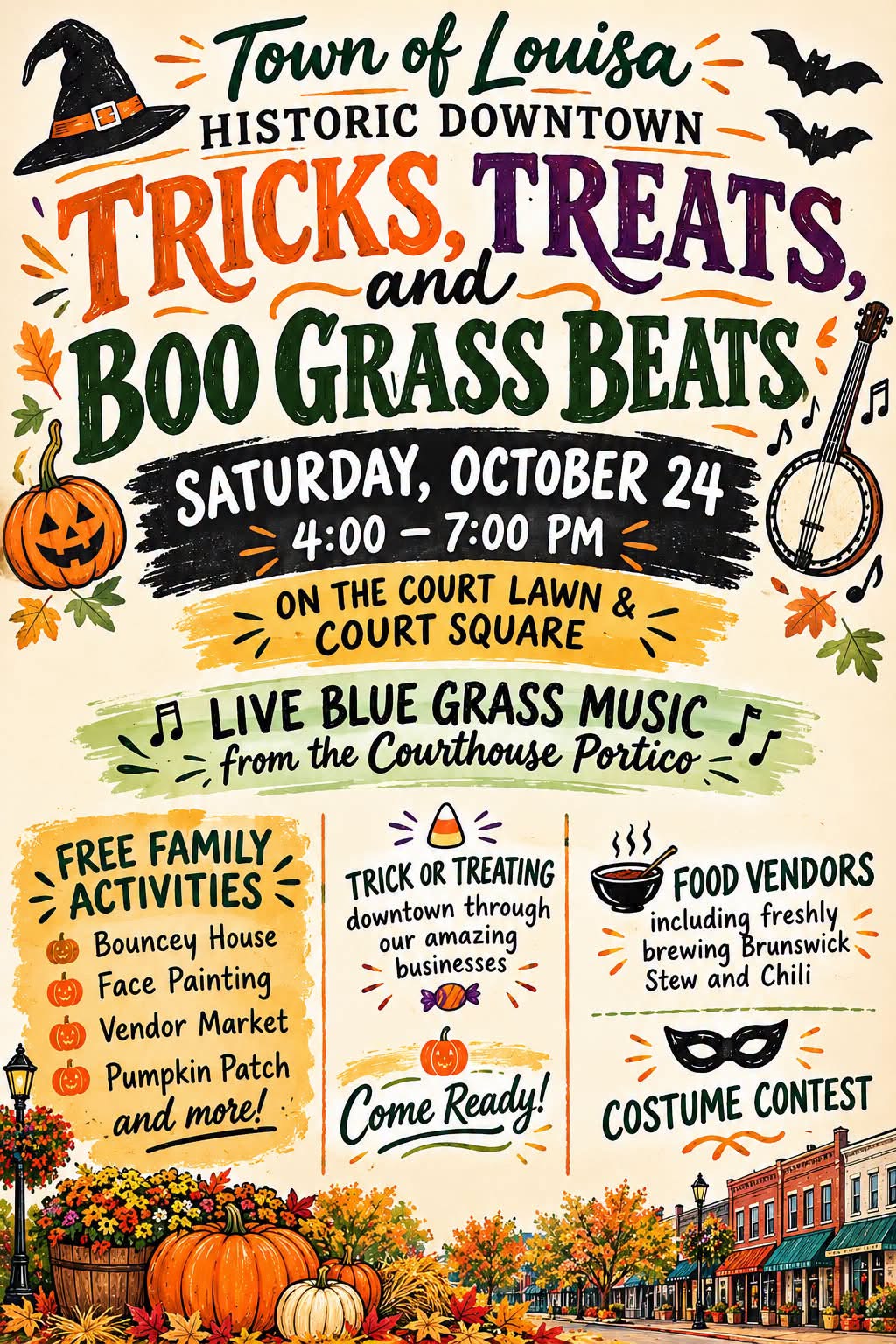 Town of Louisa flyer for Tricks, Treats and Boo Grass Beats on October 24, 4 to 7 PM, at the Court Lawn and Court Square